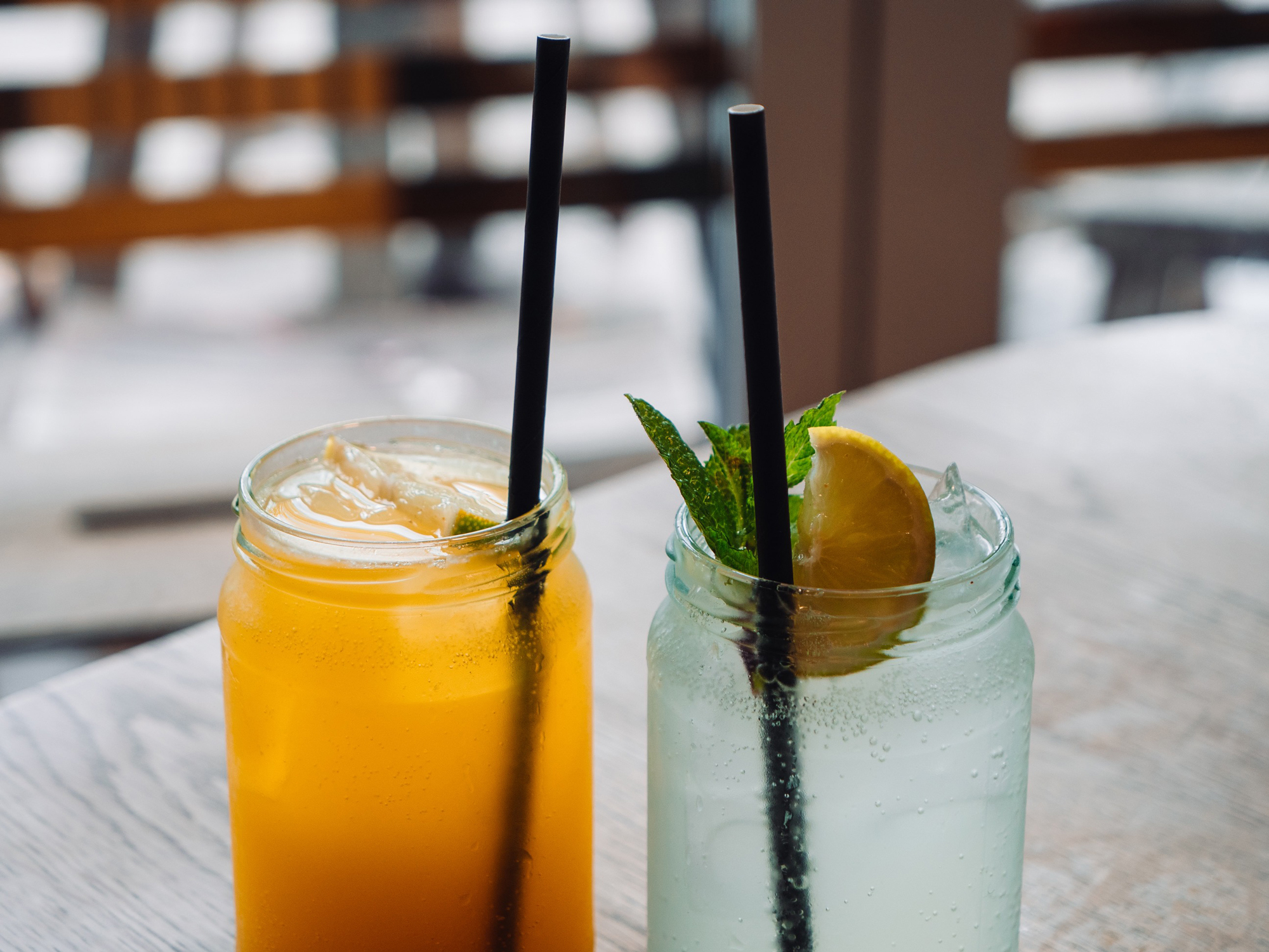 Two drinks on a table